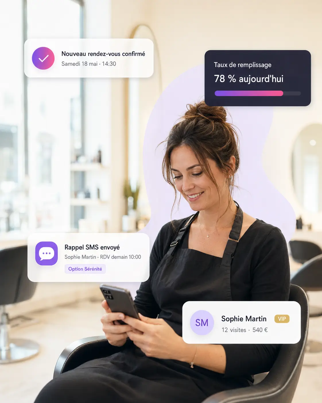 Une coiffeuse indépendante suit son activité sur Rezaly : rendez-vous confirmé, rappel SMS envoyé et taux de remplissage du jour