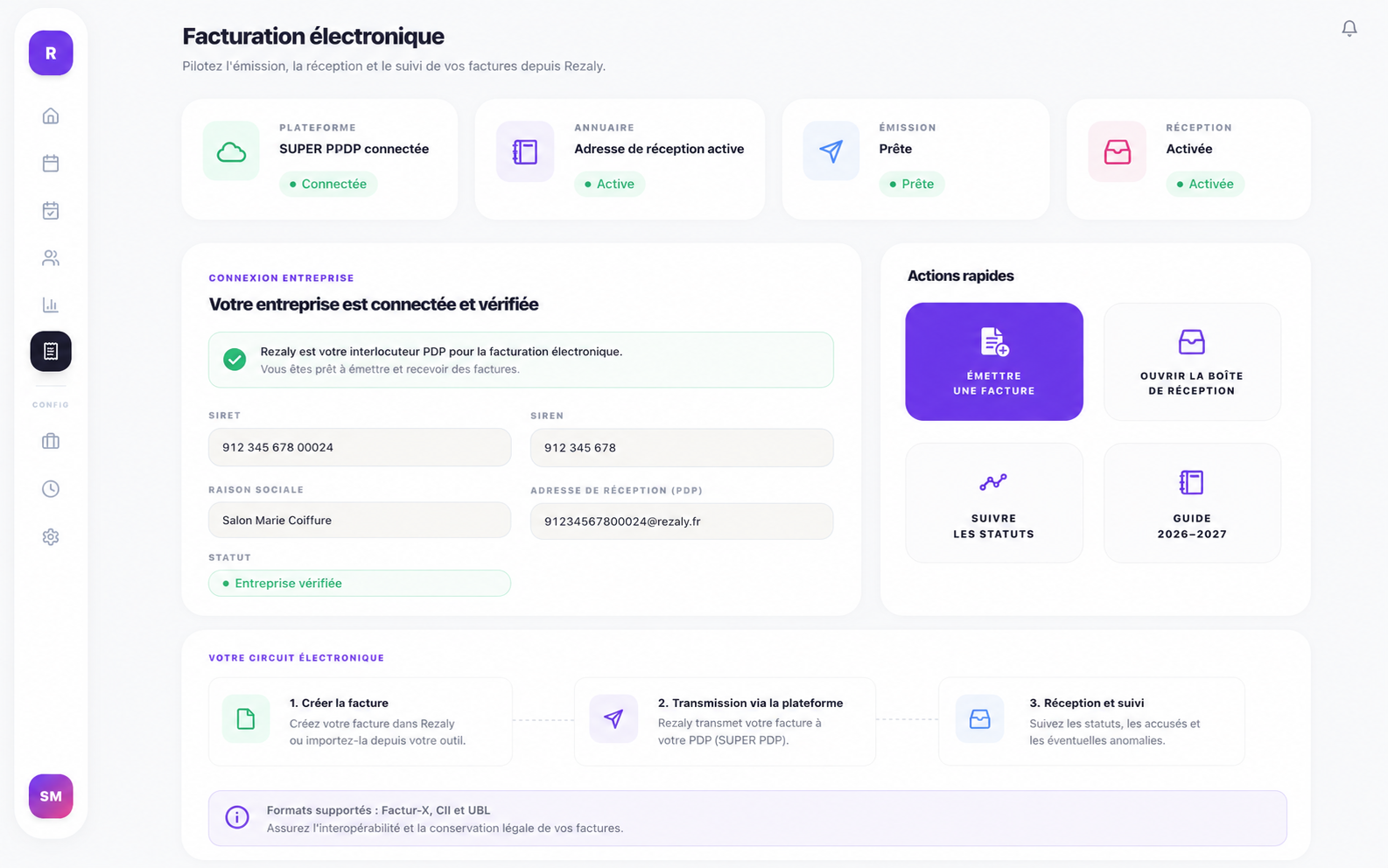 Cockpit de facturation électronique Rezaly avec émission réception et connexion à la plateforme