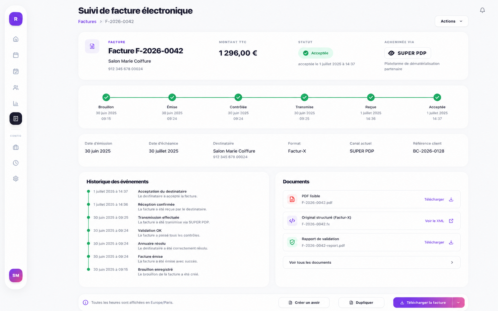 Suivi du cycle de vie d'une facture électronique dans Rezaly